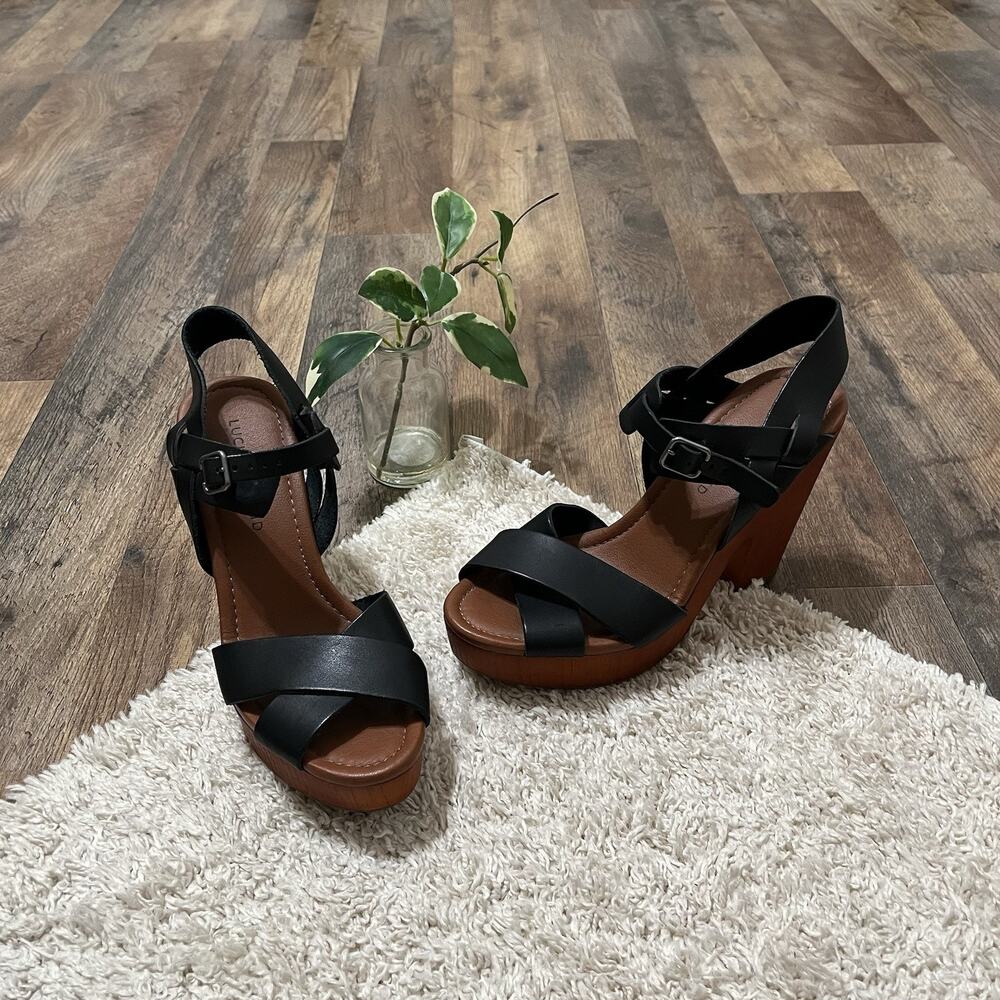 Lucky Brand Size 9 M Black Leather Brown Wood Block Heel Platform Nova Sandals